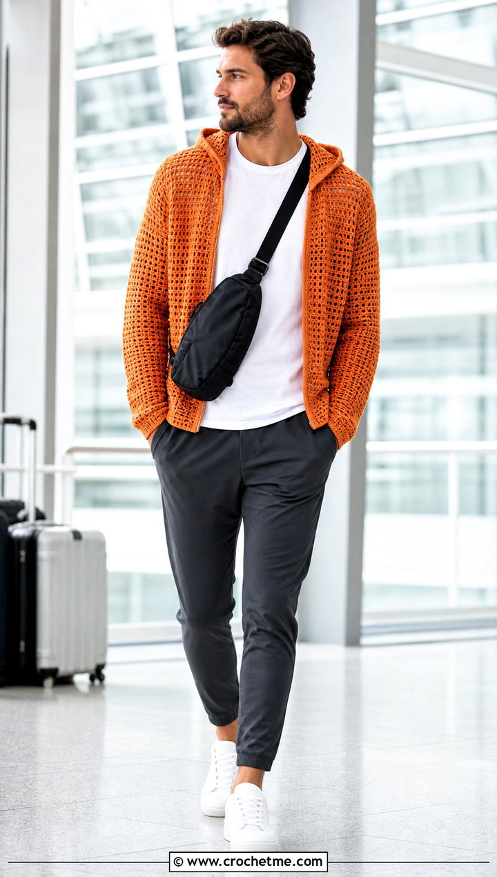 Hooded Crochet Cardigan With Track Pants - 30 crochet man cardigan outfit ideas
