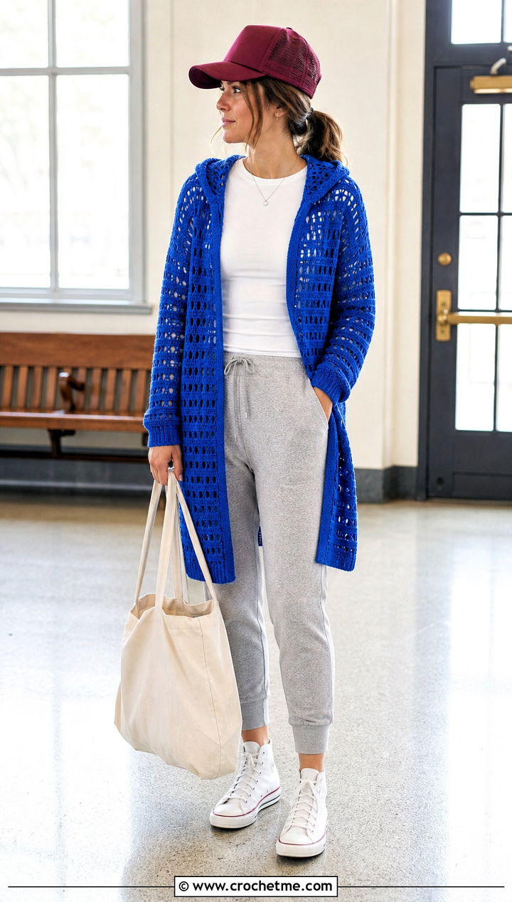 Hooded Crochet Cardigan With Trucker Hat and Jogger Pants - 15 Crochet Cardigan With Hat outfit ideas