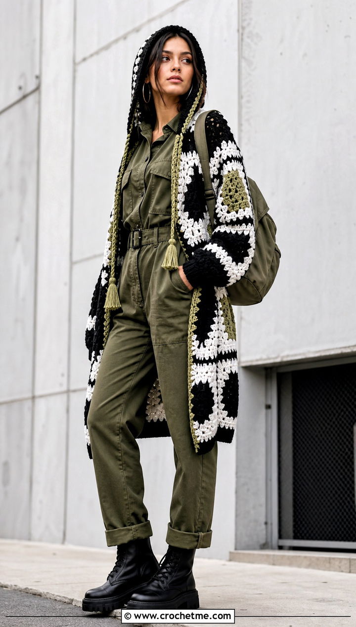 Hooded Crochet Cardigan With Utility Jumpsuit - 25 Black White Crochet Cardigan outfit ideas