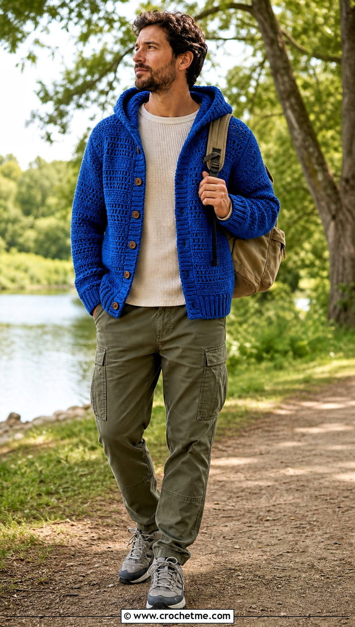 Hooded Crochet Cardigan With Utility Pants - 35 mens crochet cardigan outfit ideas