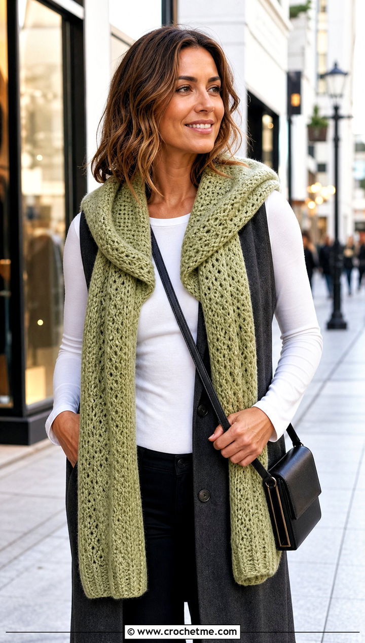 Hooded Crochet Cashmere Scarf With Longline Vest - 25 crochet cashmere scarf outfit ideas