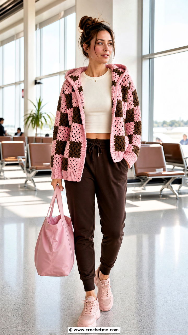 Hooded Crochet Checkered Cardigan With Joggers - 35 crochet checkered cardigan outfit ideas