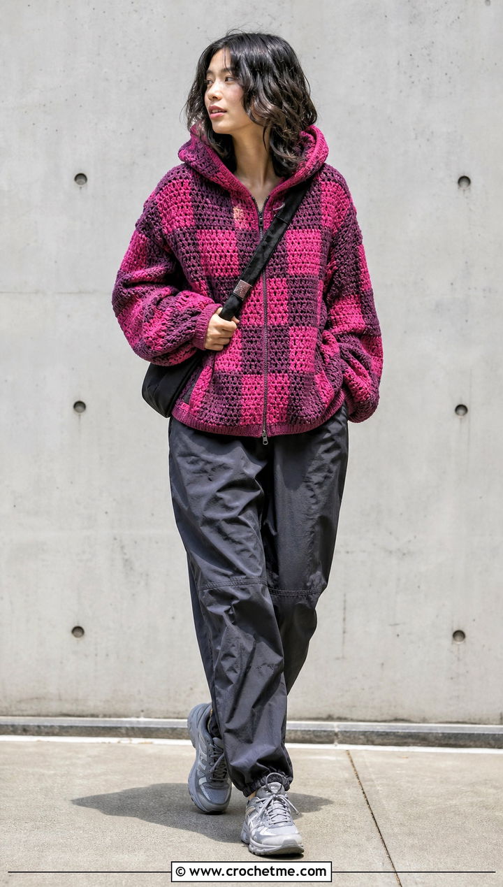Hooded Crochet Checkered Sweater With Parachute Pants - 30 crochet checkered sweater outfit ideas