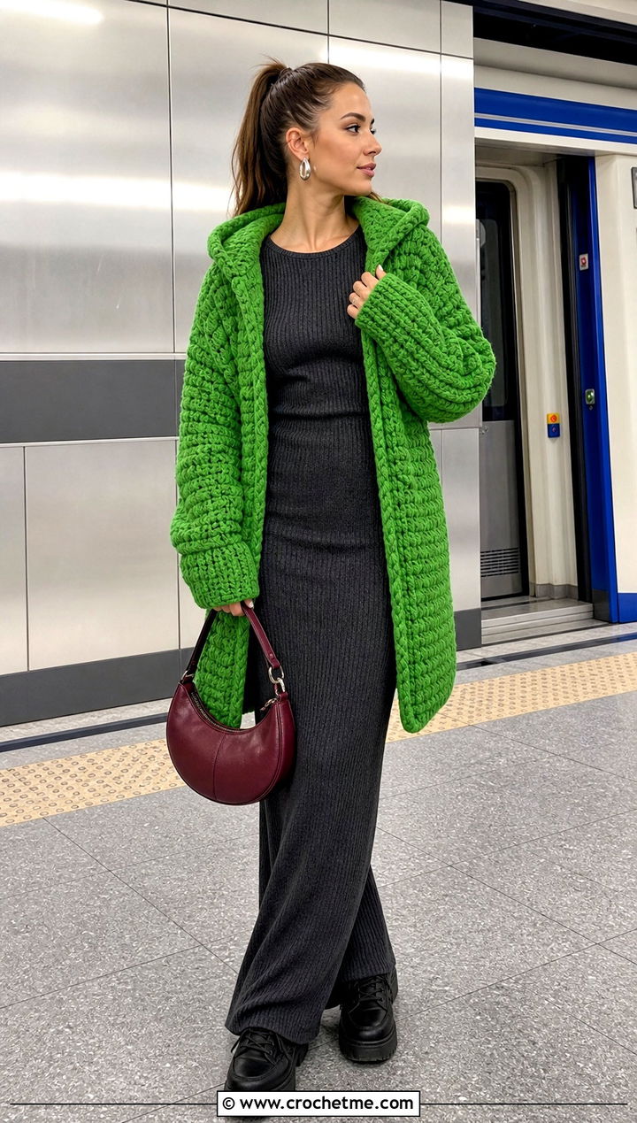 Hooded Crochet Chenille Cardigan With Ribbed Maxi Dress - 30 crochet chenille cardigan outfit ideas