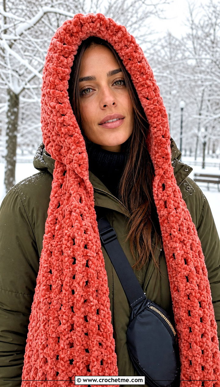 Hooded Crochet Chenille Scarf With Parka - 25 crochet chenille scarf outfit ideas