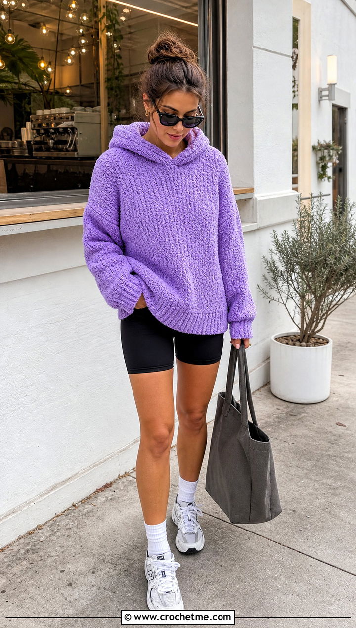 Hooded Crochet Chenille Sweater With Biker Shorts - 25 crochet chenille sweater outfit ideas