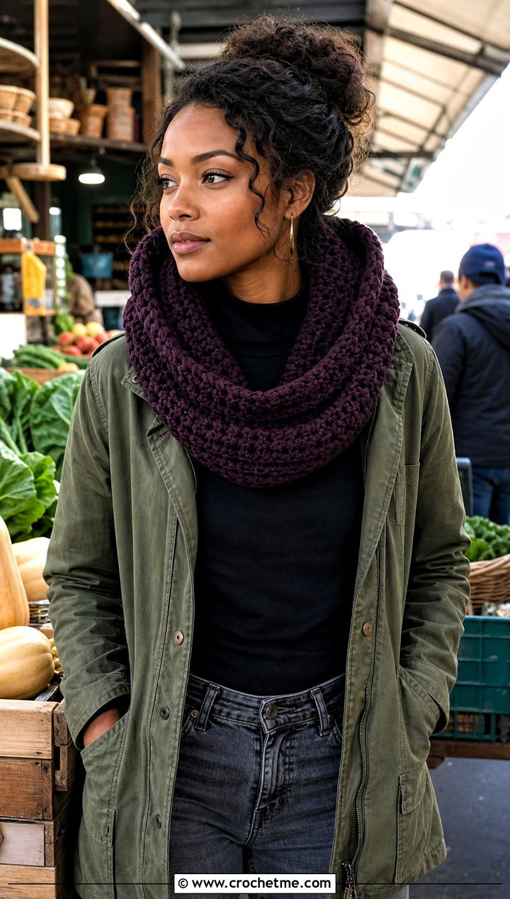 Hooded Crochet Chunky Cowl With Utility Jacket - 30 crochet chunky cowl outfit ideas