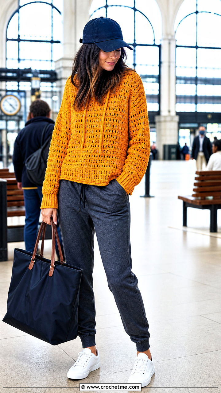Hooded Crochet Chunky Sweater With Joggers - 35 crochet chunky sweater outfit ideas