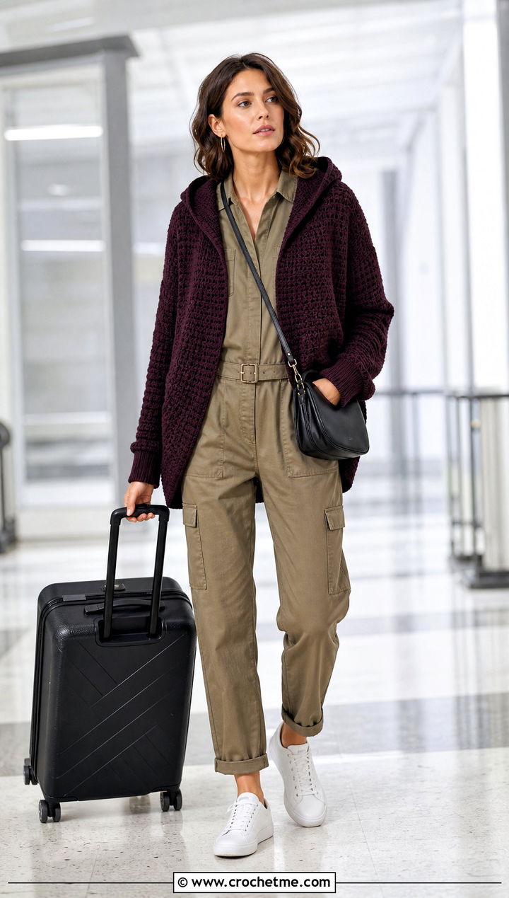 Hooded Crochet Circle Sweater With Utility Jumpsuit - 25 crochet circle sweater outfit ideas