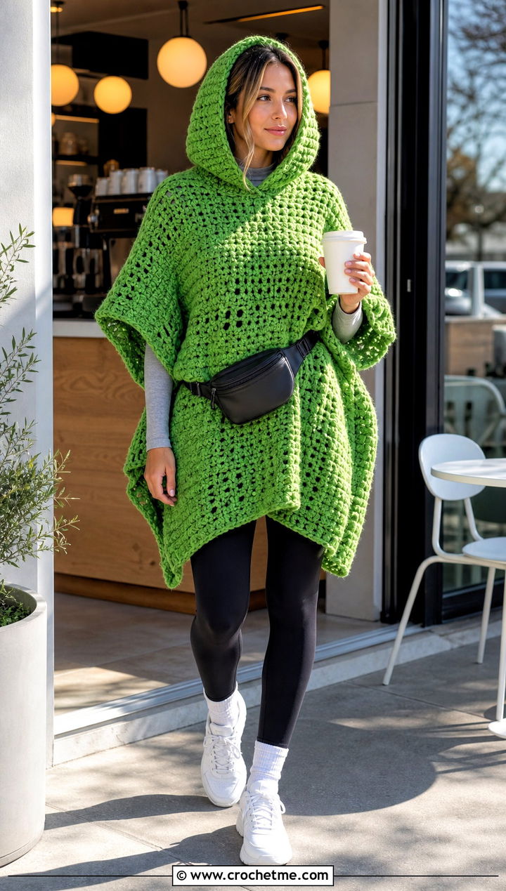 Hooded Crochet Clint Eastwood Poncho With Leggings And Sneakers - 15 Crochet Clint Eastwood Poncho outfit ideas