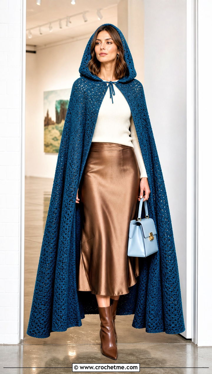 Hooded Crochet Cloak Cape With Satin Midi Skirt - 25 Long Hooded Crochet Cape outfit ideas