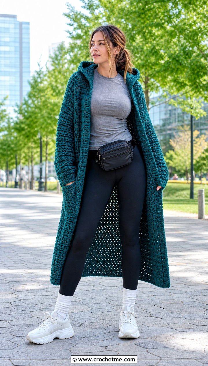 Hooded Crochet Coat With Leggings And Sneakers - 25 crochet coat ideas