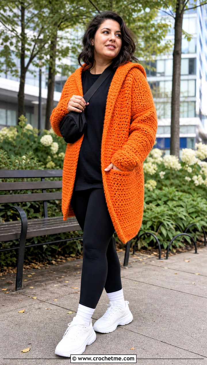 Hooded Crochet Coat With Leggings And Sneakers - 15 beginner crochet coat outfit ideas