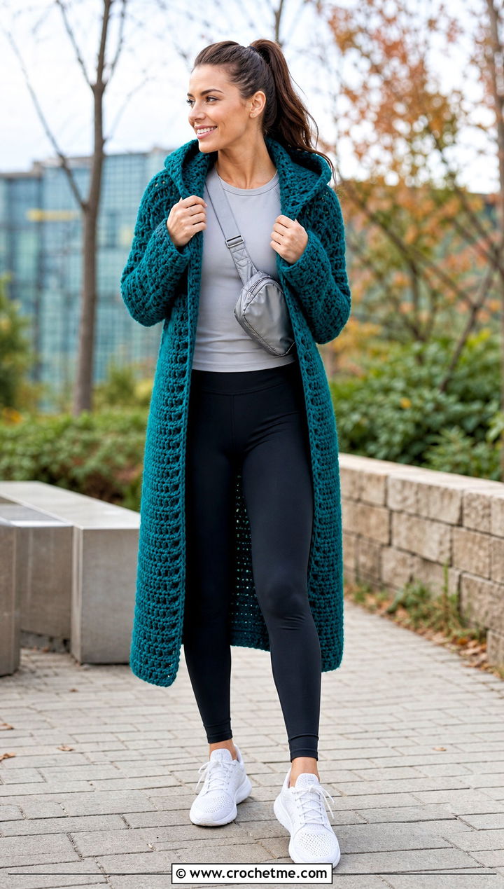 Hooded Crochet Coat With Leggings And Sneakers - 25 Crochet Coat For Women outfit ideas