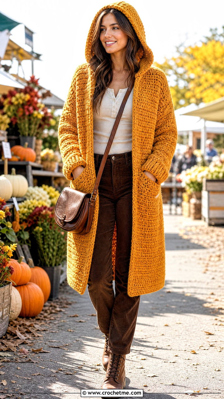 Hooded Crochet Coat With Thermal Top And Corduroy Pants - 35 crochet coats & jackets outfit ideas