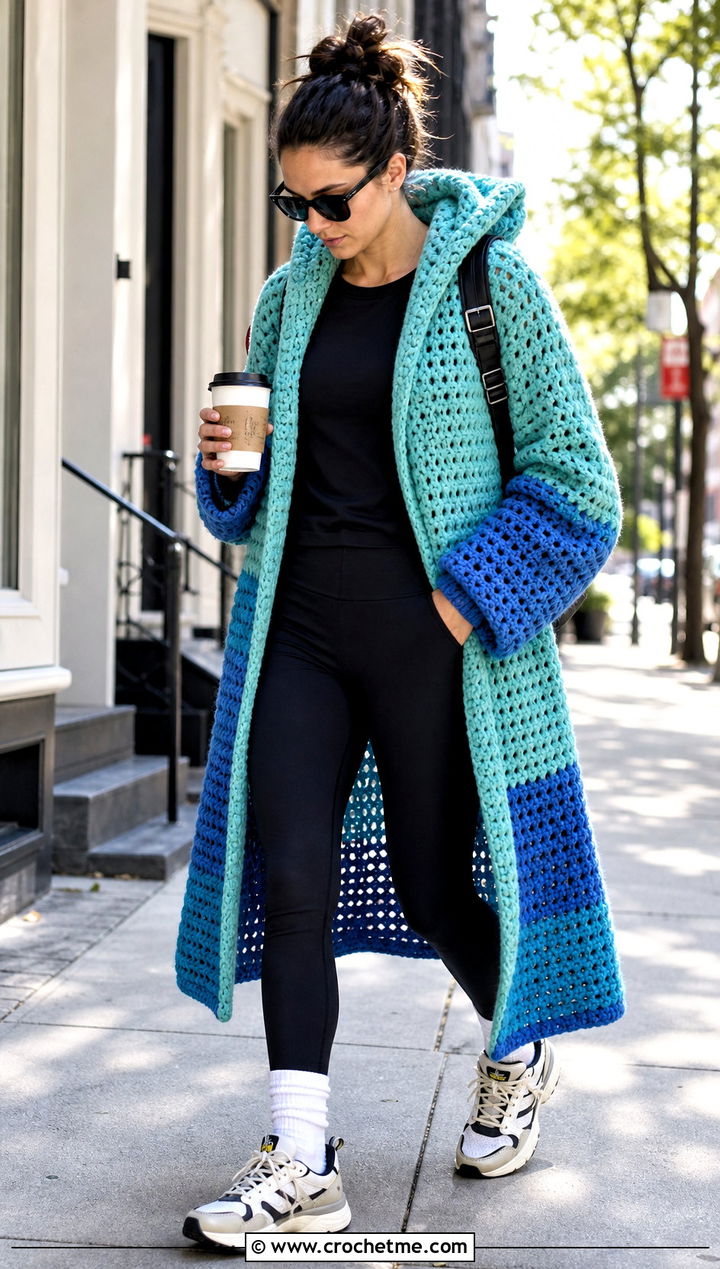 Hooded Crochet Coatigan Jacket With Leggings - 15 Colorful Crochet Jacket Design outfit ideas