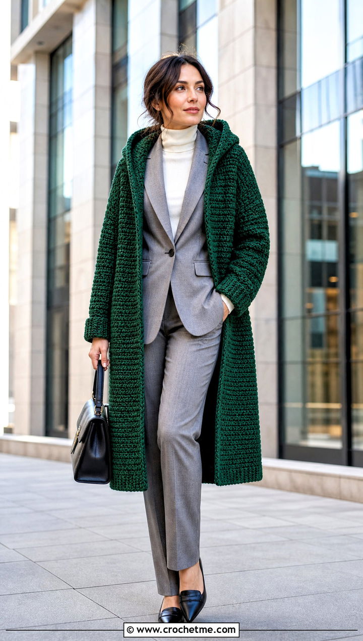 Hooded Crochet Coatigan With Tailored Suit - 25 crochet long hooded cardigan outfit ideas