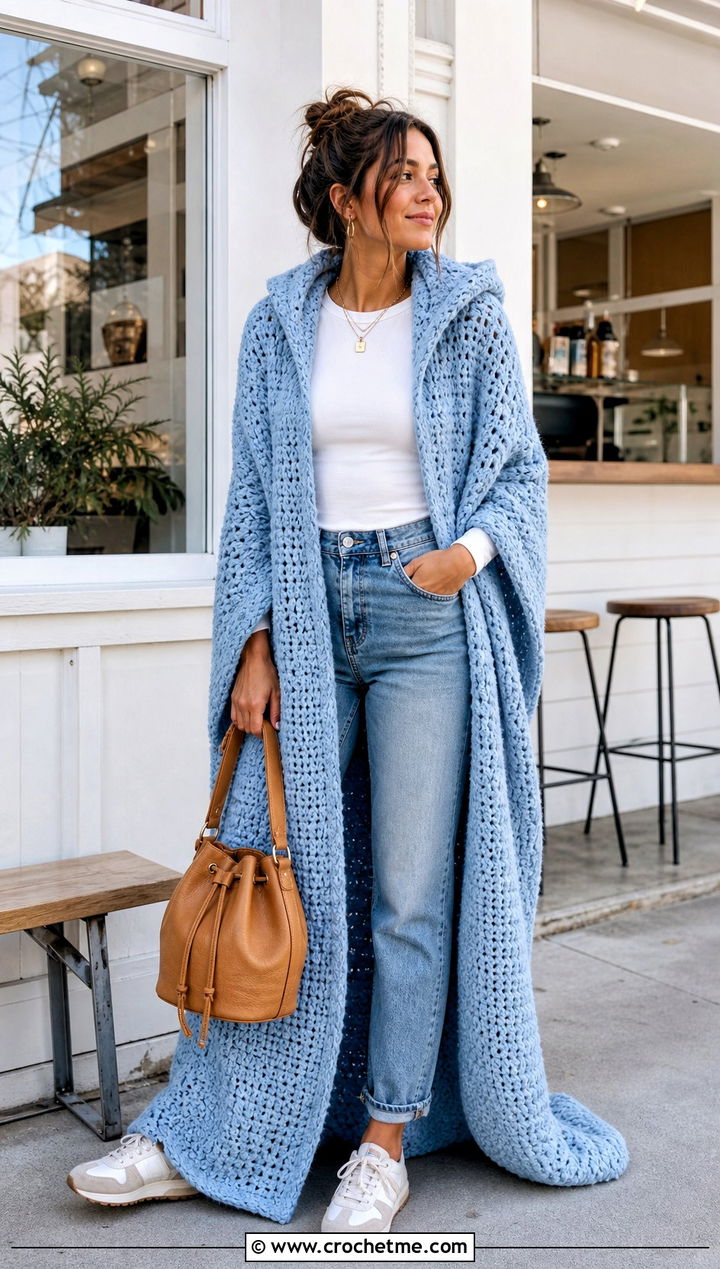 Hooded Crochet Cocoon Blanket With Mom Jeans - 25 crochet hoodie blanket outfit ideas