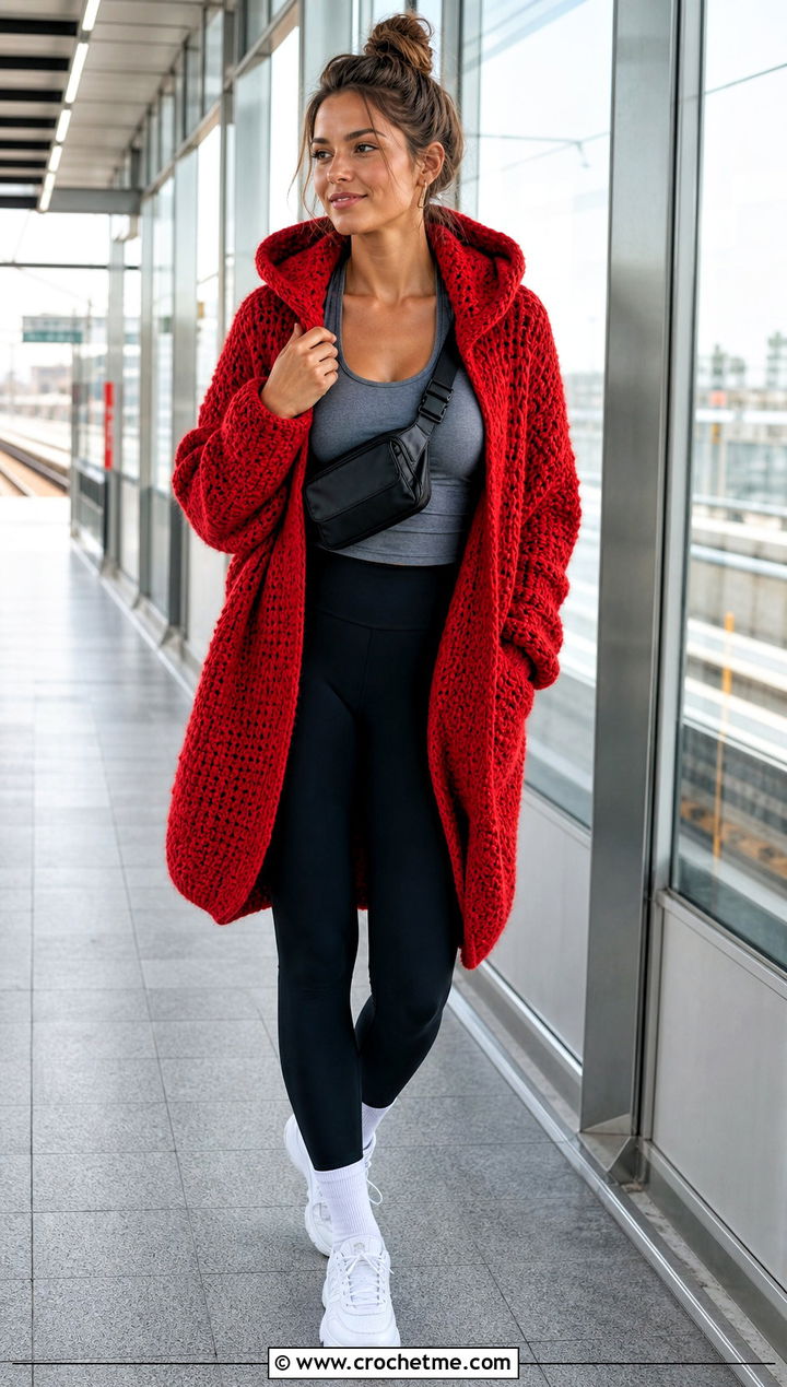 Hooded Crochet Cocoon Cardigan With Leggings - 15 Easy Crochet Cocoon Cardigan outfit ideas