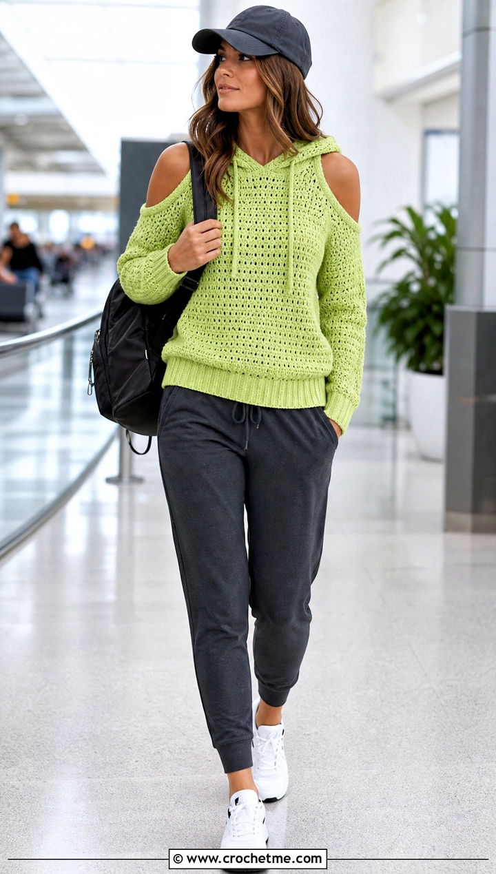 Hooded Crochet Cold Shoulder Sweater With Joggers And Sneakers - 25 Crochet Cold Shoulder Sweater outfit ideas