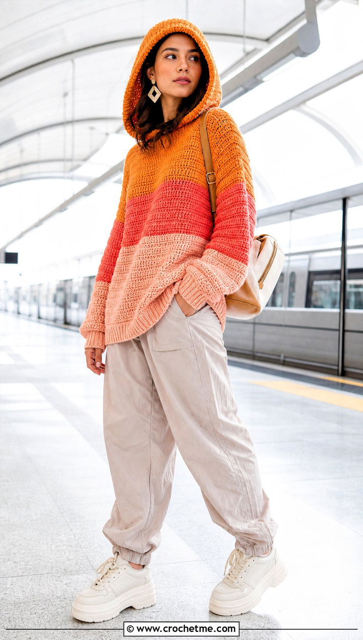 Hooded Crochet Colorblock Sweater With Parachute Pants - 30 crochet colorblock sweater outfit ideas