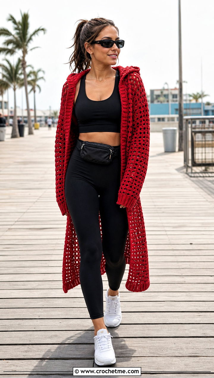 Hooded Crochet Cover Up With Leggings And Sneakers - 30 easy crochet cover up outfit ideas