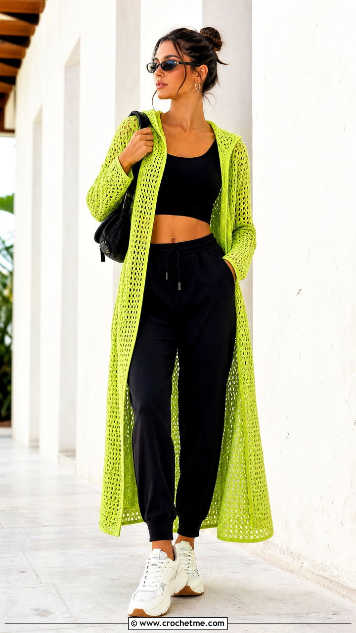Hooded Crochet Cover Up With Track Pants - 35 crochet cover up outfit ideas