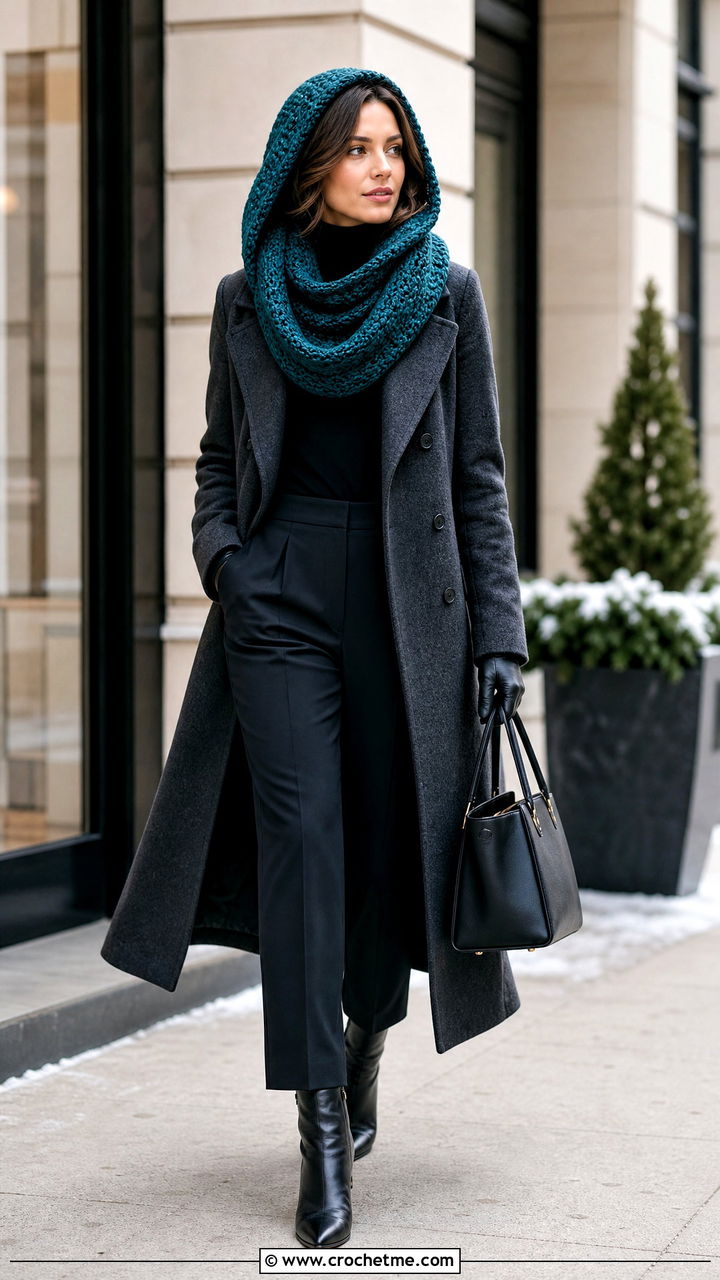 Hooded Crochet Cowl Scarf With Long Wool Coat - 35 crochet cowell scarf outfit ideas
