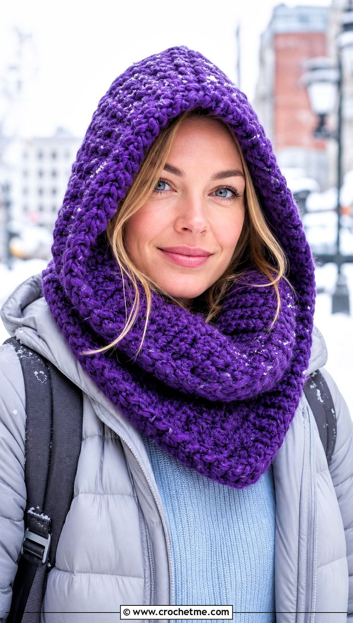 Hooded Crochet Cowl Scarf With Puffer Jacket - 20 Crochet Loop Scarf outfit ideas
