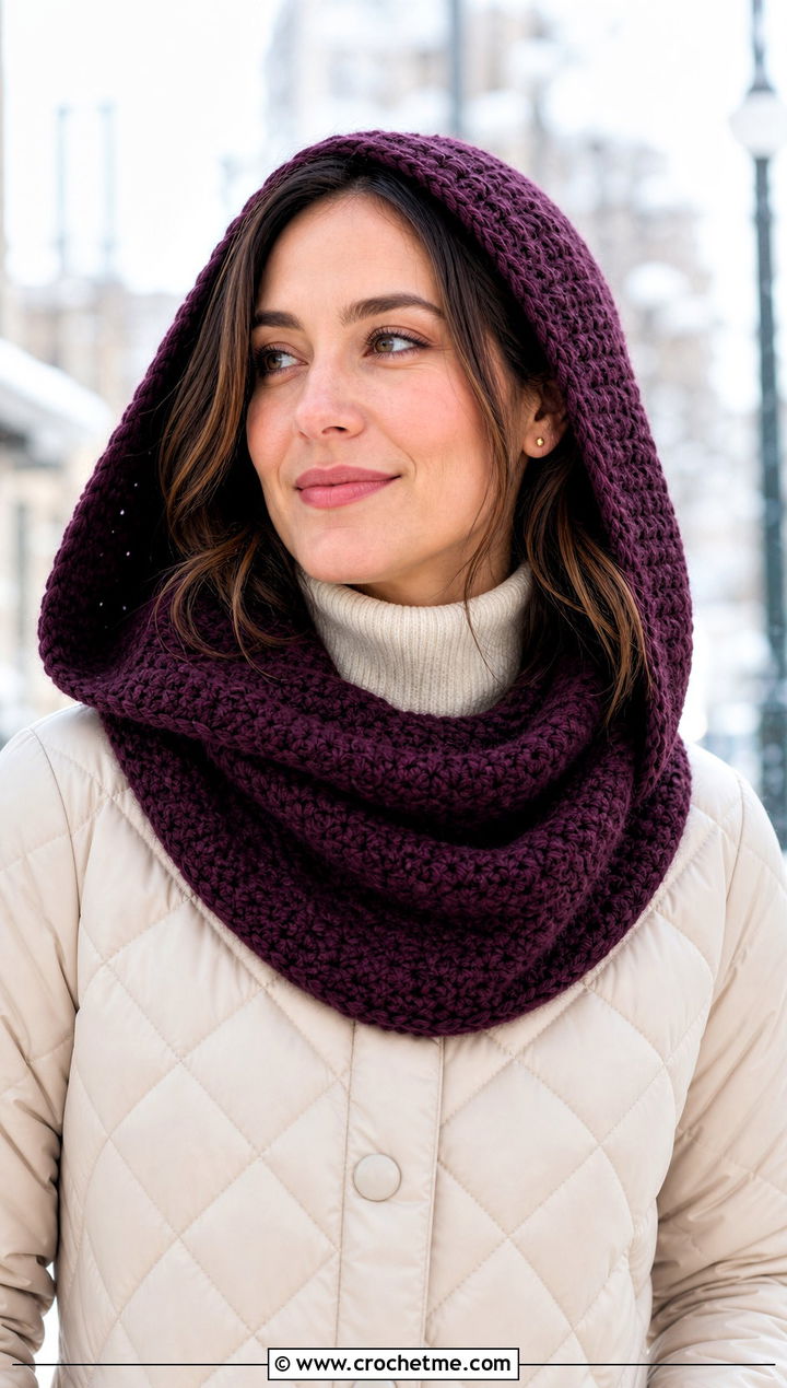 Hooded Crochet Cowl Scarf With Quilted Coat Outfit - 30 crochet scarf with hood outfit ideas