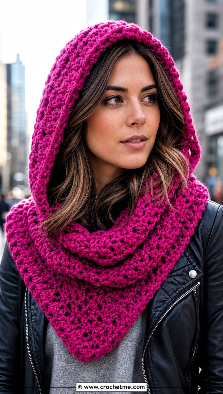 Hooded Crochet Cowl Shawl With Leather Jacket - 20 crochet cowl shawl outfit ideas
