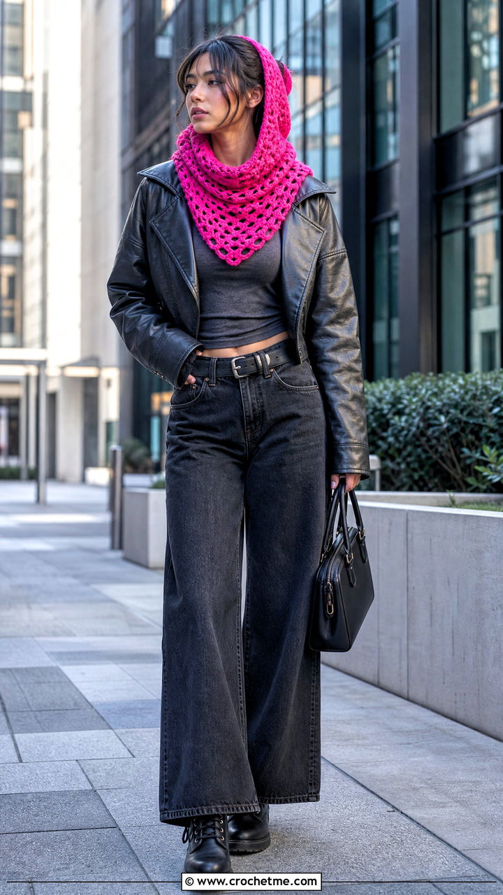 Hooded Crochet Cowl With Leather Jacket - 35 crochet cowl outfit ideas