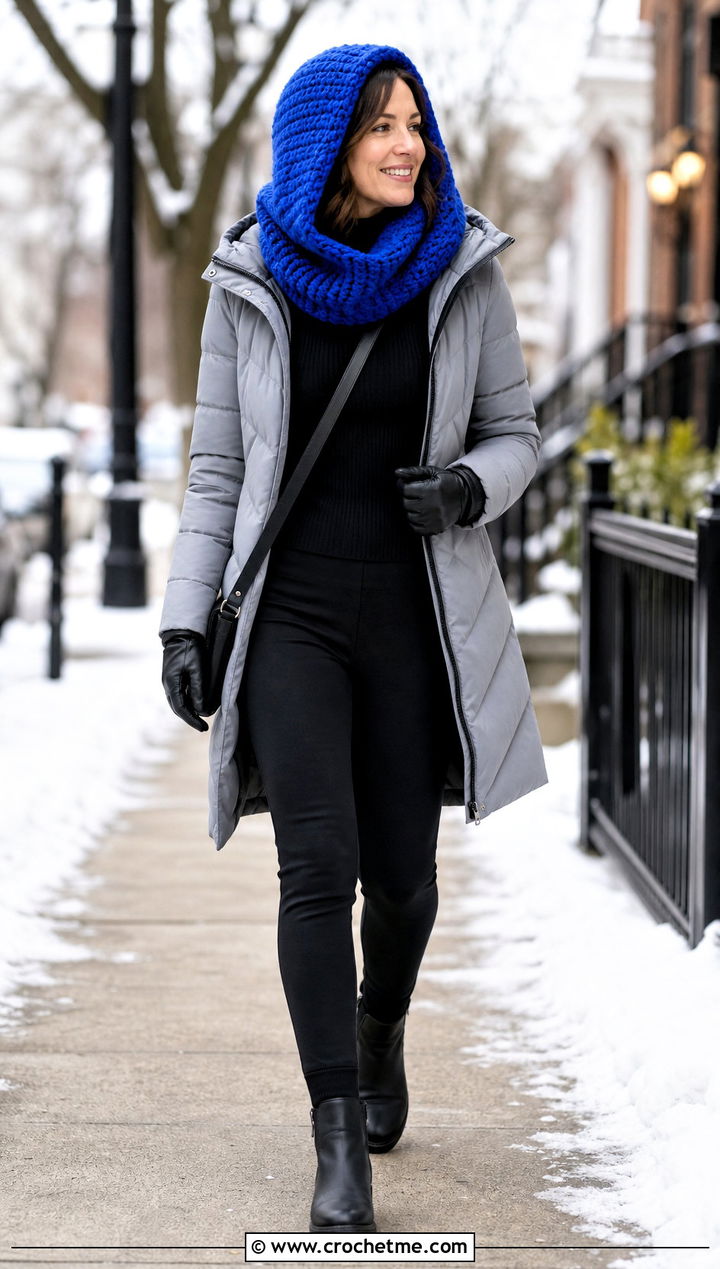 Hooded Crochet Cowl With Leggings And Coat - 35 crochet neck scarf outfit ideas