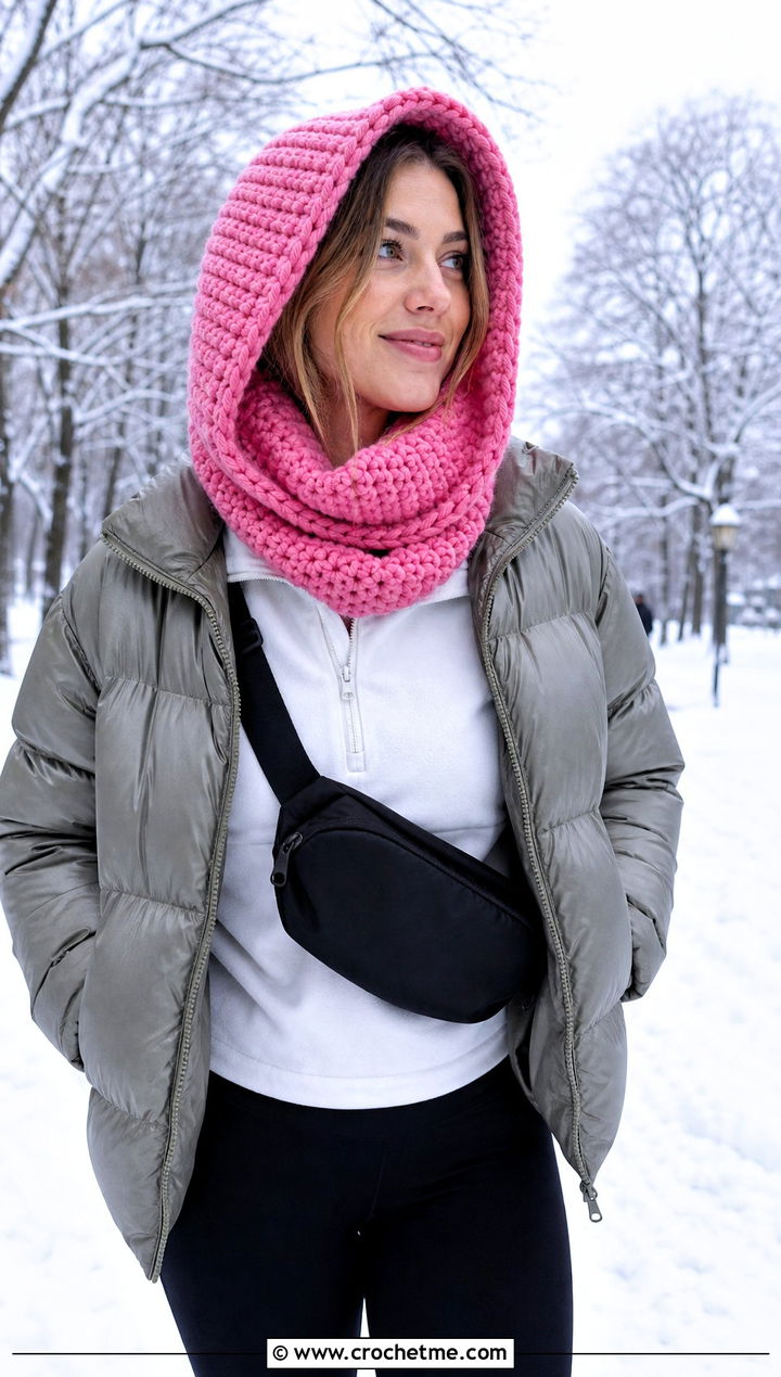 Hooded Crochet Cowl With Puffer Jacket And Leggings - 15 Crochet For Cowl Scarf outfit ideas