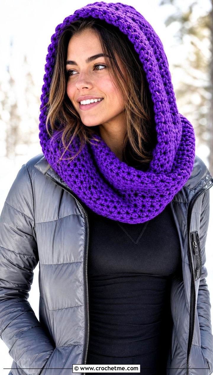 Hooded Crochet Cowl With Puffer Jacket And Leggings - 35 crochet neck warmer cowls outfit ideas
