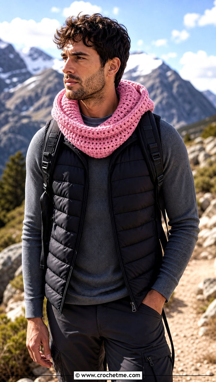 Hooded Crochet Cowl With Puffer Vest - 25 Men Crochet Cowl outfit ideas