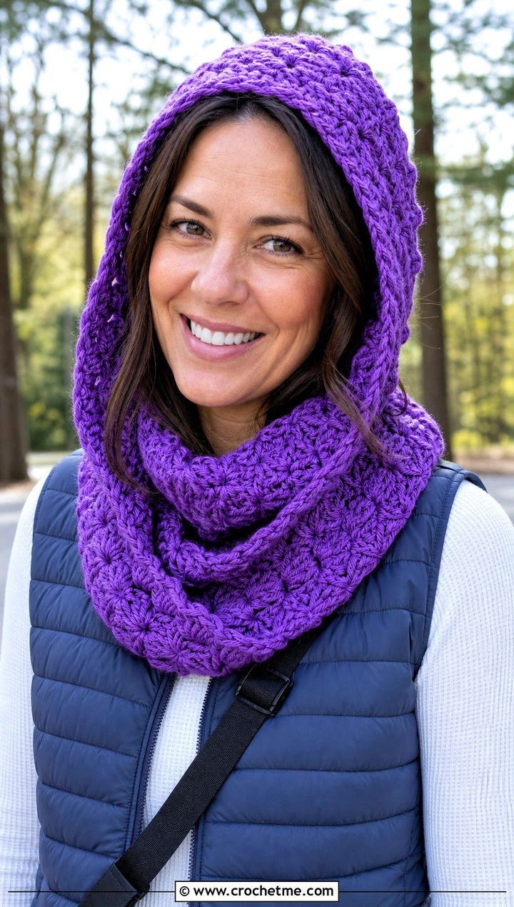 Hooded Crochet Cowl With Puffer Vest - 15 1 Skein Crochet Cowl outfit ideas