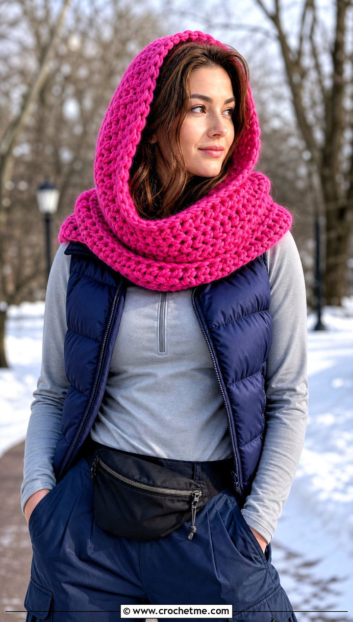 Hooded Crochet Cowl With Puffer Vest - 20 Simple Crochet Cowl outfit ideas
