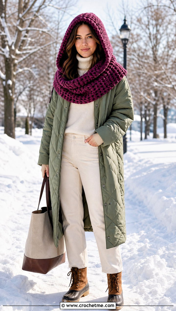 Hooded Crochet Cowl With Quilted Coat - 25 cowl crochet scarf outfit ideas