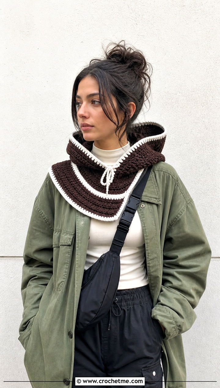 Hooded Crochet Cowl With Utility Jacket And Cargo Pants - 15 brown and white crochet cowl outfit ideas