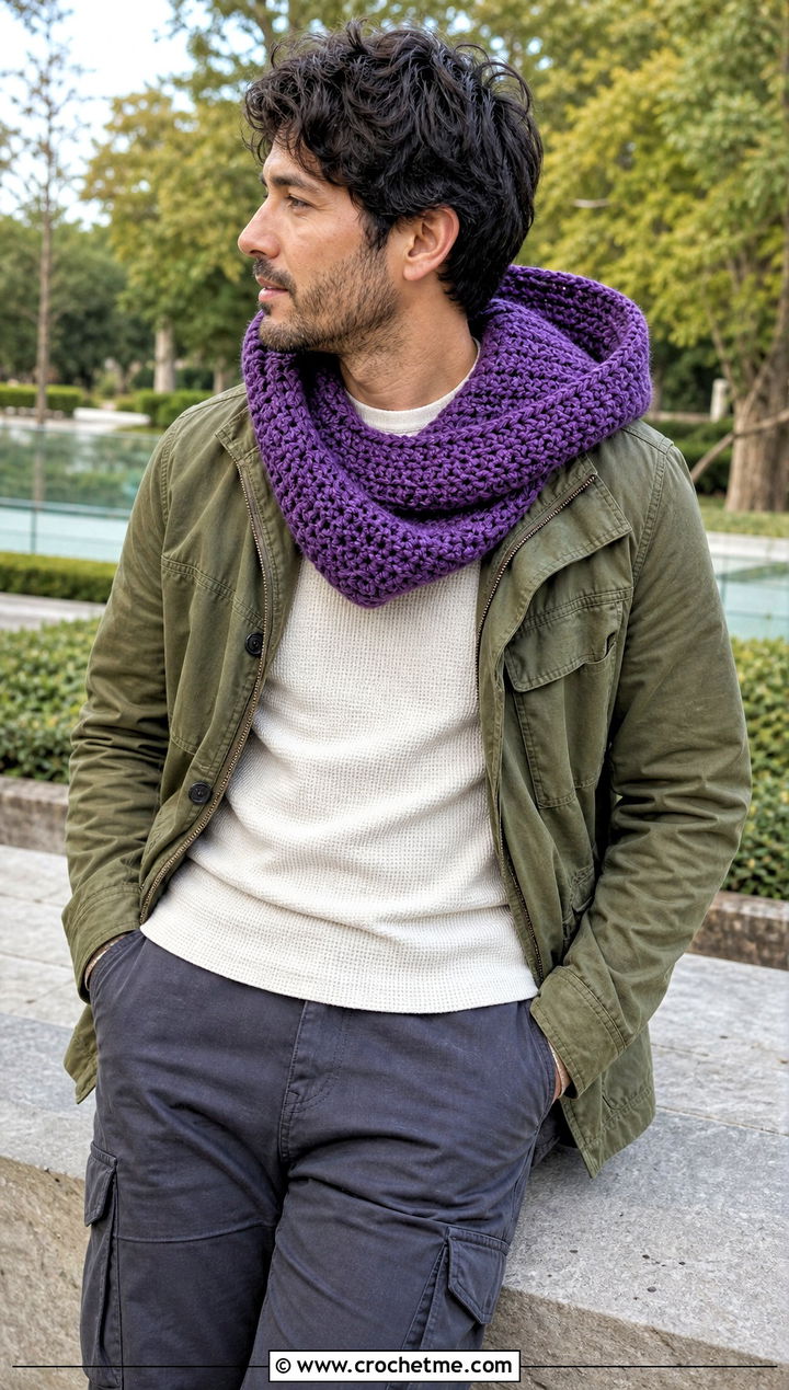 Hooded Crochet Cowl With Utility Jacket - 30 crochet cowl for men outfit ideas