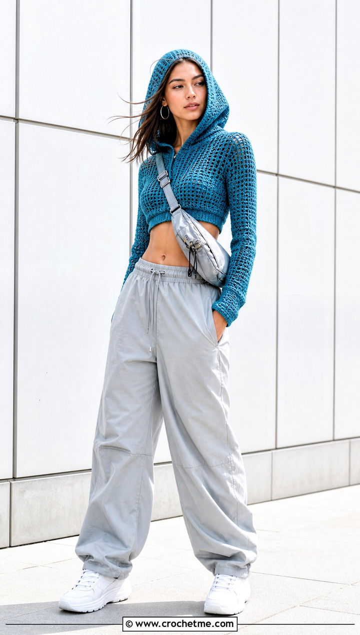 Hooded Crochet Crop Top With Parachute Pants - 25 boho crochet crop top outfit ideas