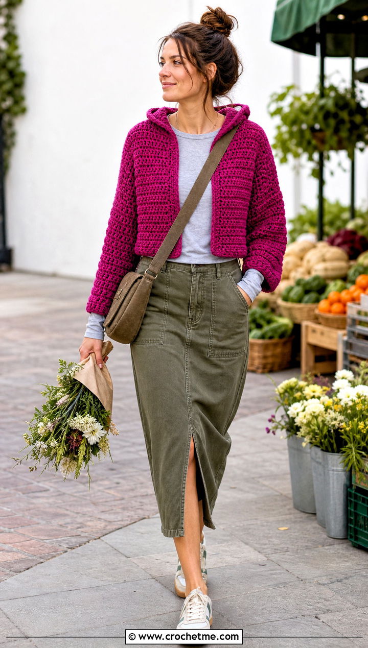 Hooded Crochet Cropped Cardigan With Utility Skirt - 20 Easy Crochet Cropped Cardigan outfit ideas