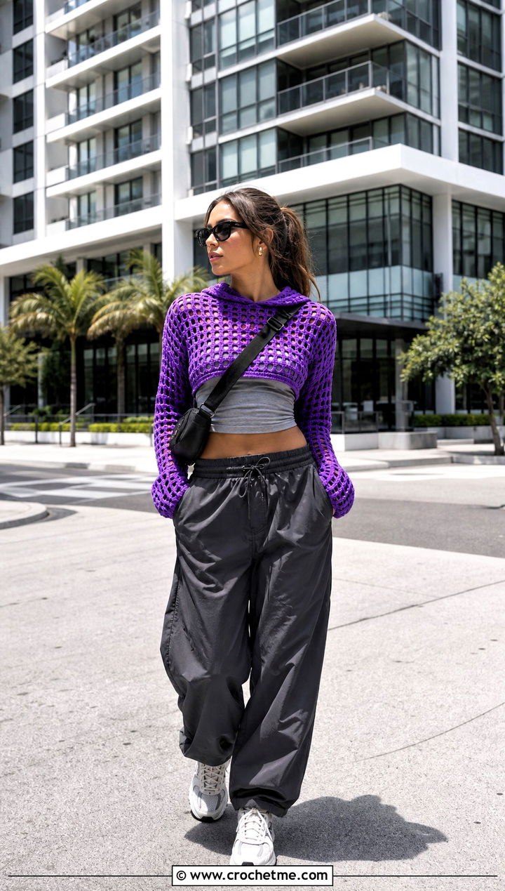 Hooded Crochet Cropped Jumper With Parachute Pants - 30 crochet cropped jumper outfit ideas