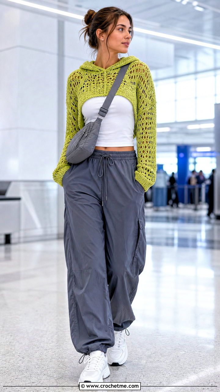 Hooded Crochet Cropped Sweater With Parachute Pants - 35 crochet cropped sweater outfit ideas
