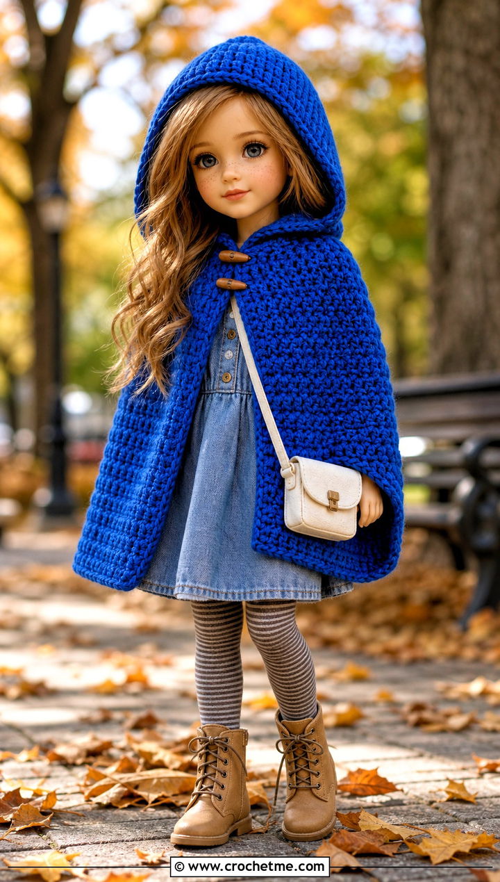 Hooded Crochet Doll Cape With Denim Dress - 25 Crochet Doll Cape outfit ideas