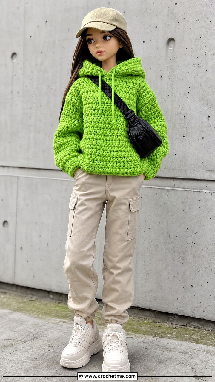 Hooded Crochet Doll Sweater With Cargo Pants - 35 crochet doll sweater outfit ideas