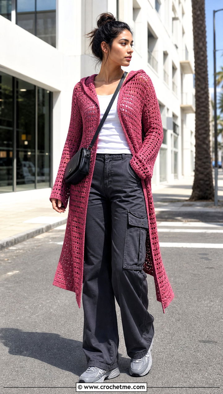 Hooded Crochet Dress With Cargo Pants - 25 boho crochet dress outfit ideas