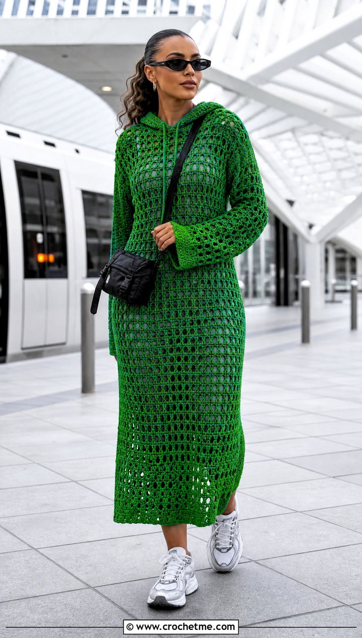 Hooded Crochet Dress With Chunky Sneakers - 30 fancy crochet dress outfit ideas