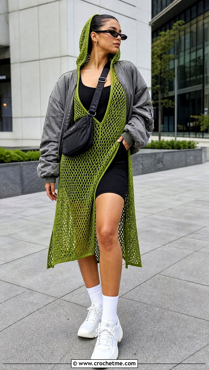 Hooded Crochet Dress With Chunky Sneakers - 30 crochet dress accessories outfit ideas